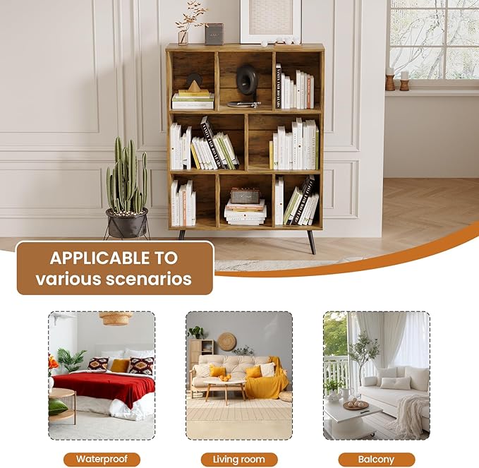 8 Cube Bookshelf 3 Tier Mid-Century Rustic Brown Modern Bookcase with Legs,Retro Wood Book Shelf Storage Organizer Shelf,Freestanding Organizer Display Shelf for Bedroom,Living Room,Office