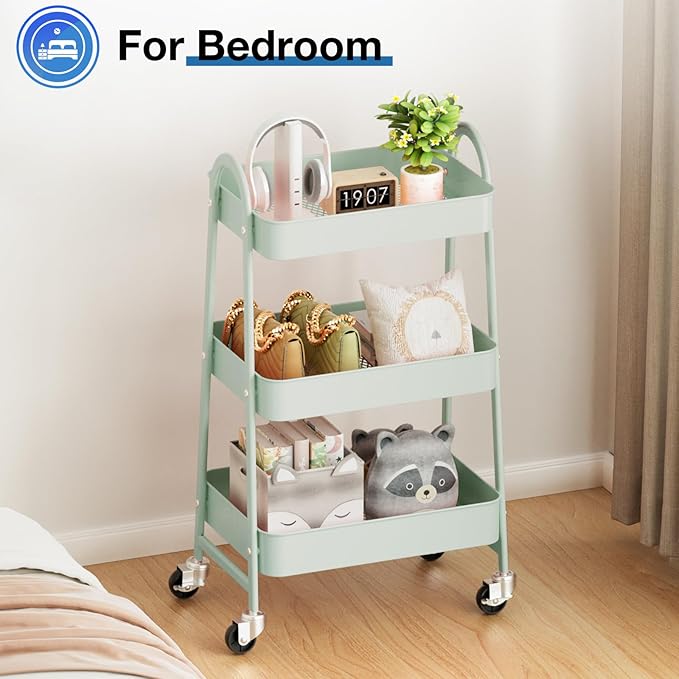 OLIXIS 3 Tier Utility Rolling Cart with Lockable Caster Wheels, Metal Mobile Storage Shelf, Organization for Livingroom, Bathroom, Kitchen, & Narrow Places, Light Green