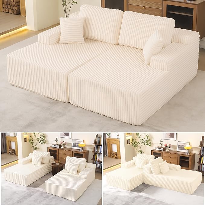 Oversized 79” Double Chaise Lounge Sofa Bed, Deep Seat Corduroy Cloud Loveseat Chair, No Assembly, Plush Upholstered Sleeper for Living Room or Bedroom (Beige)