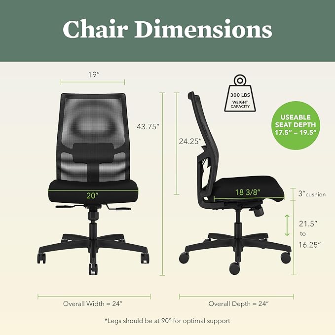 HON Ignition 2.0 Armless Ergonomic Office Chair, Adjustable Tilt, Swivel Wheels, Comfy for Long Hours, Home Office Desk Chairs, Black