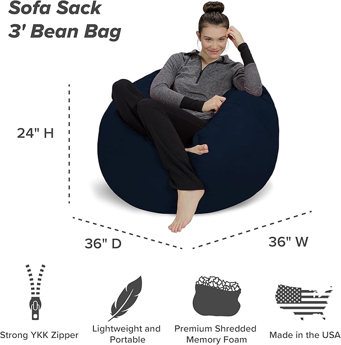 Sofa Sack Bean Bag Chair - Plush, Ultra Soft - Memory Foam Bean Bag Chair with Microsuede Cover - Stuffed Foam Filled Furniture and Accessories for Dorm Room 3 Feet - Navy