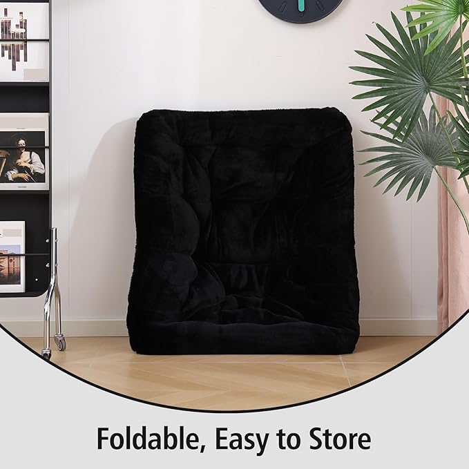 Welnow Comfy Saucer Chair with Ottoman, Oversized Folding Reading Chair for Adults with Throw Pillow Soft Faux Fur Lounge Chair for Bedroom Furry Accent Chair for Living Room, Dorm Rooms, Black