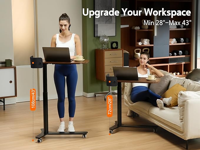 Pneumatic Mobile Standing Desk with Drawer, 28"-43" Height Adjustable, Rolling Desk with Leather Fence & 360° Wheels, for Home/Office (Left/Right Convertible), Dark Walnut