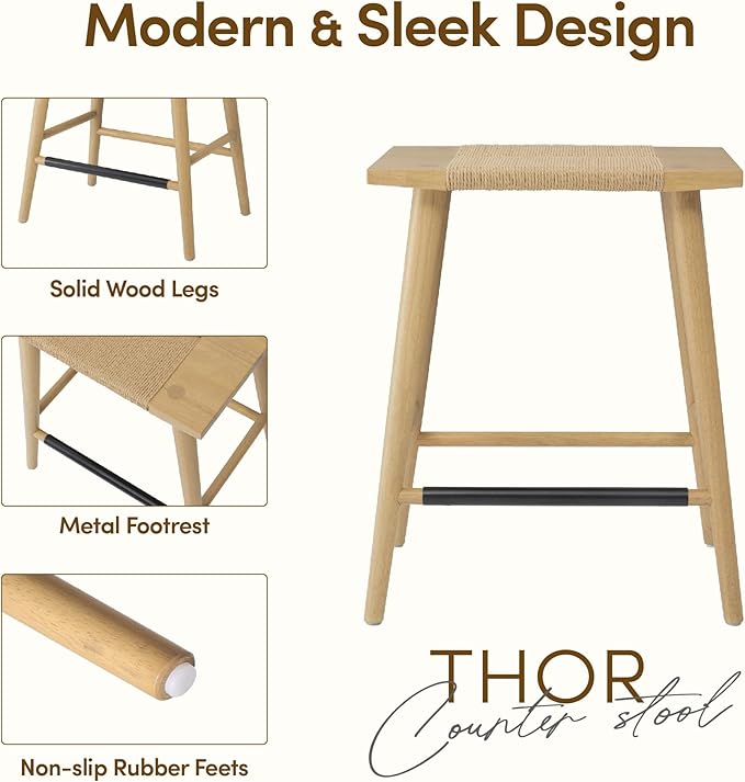 Thor Wicker Counter Height Wooden Counter Stool with Hand-Knitted Rope, K/D, Backless Island 24" Wicker Stool for Kitchen, Light Oak, Solid Wood, Eco-Friendly, Modern Design (Light Oak)