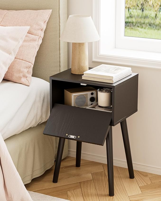 Night Stand Set 2, Black Nightstand with Fluted Doors, Small Modern Mid-Century Bedside Table for Bedroom, End Table for Living Room