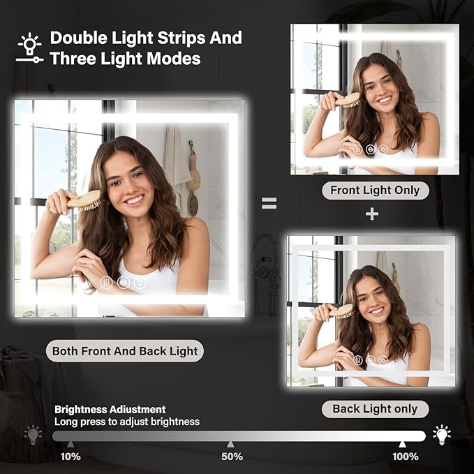 47"x 47" LED Bathroom Mirror, Backlit + Front Lit, LED Bathroom Mirror with Lights for Wall, 3 Colors, Anti-Fog, Dimmable Brightness, Memory Function, Tempered Glass