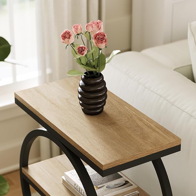 LITTLE TREE End Table Set 2, Side Table with 3-Tier Storage Shelves, Small Sofa Side Table for Living Room, Wooden Side End Table with Double Round Metal Legs, Slim Nightstand and Bedside Table, Oak