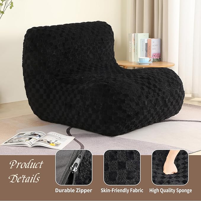 Bean Bag Chairs for Adults, Comfy Floor Sofa with Memory Foam, Giant Bean Bag Couch for Living Room Bedroom Dorm Office, Black