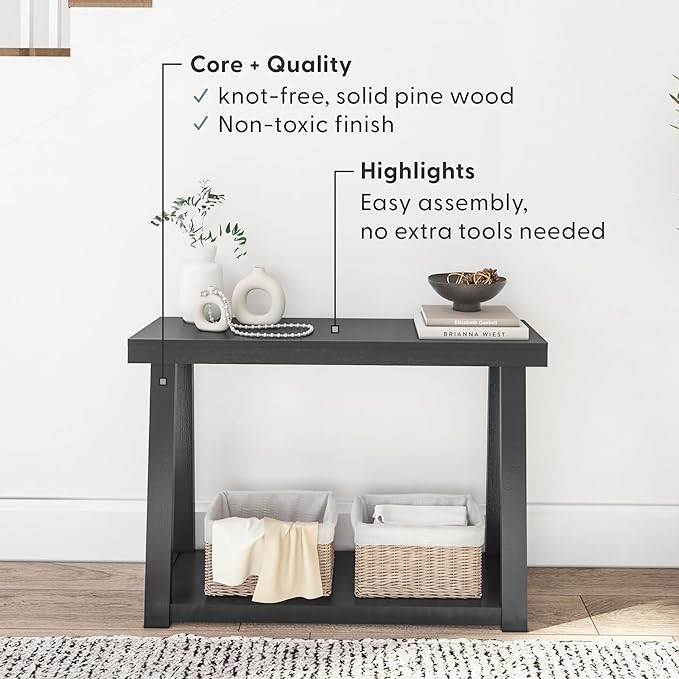Plank+Beam Solid Wood Console Table with Storage, 46.25 Inch, Sofa Table with Shelf, Narrow Entryway Table for Hallway, Behind The Couch, Living Room, Foyer, Easy Assembly, Black