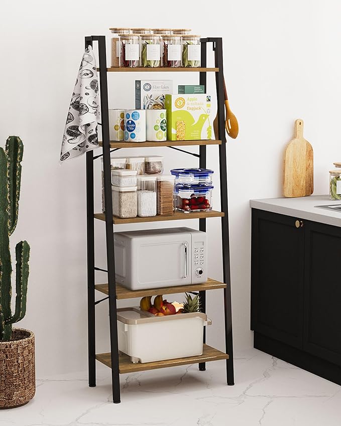Ladder Shelf, Bookshelf Bookcase, Freestanding Corner Storage Shelve with 2 Hooks for Home Office, Living Room, Kitchen, Bedroom, Industrial, 5-Tier Rustic Brown BC19301B