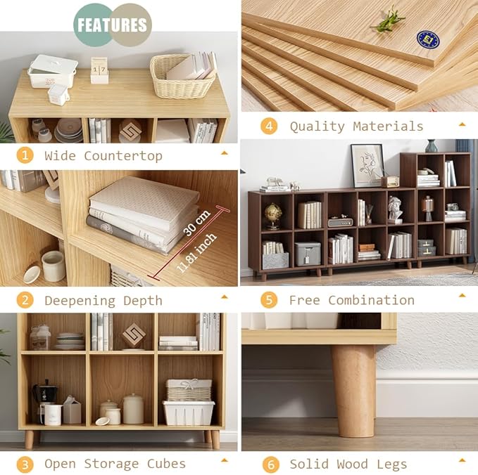 IOTXY Open Cube Low Bookcase - 3-Tier Freestanding Storage Display Cabinet Organizer with Legs for Home Office, 9-Cubes Open Shelf Short Bookshelf, Walnut