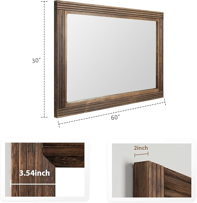 YOSHOOT Hand-Made Wooden Spliced Wall Mirror for Bathroom, Rustic Farmhouse Vanity Mirror, Décor Wall Art, Solid Wood Frame, Vertical or Horizontal Hanging, 60" x 30", Brown