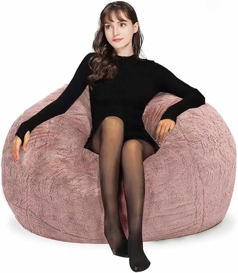 Beanbag Chair Cover for Adults Kids Comfy Fluffy Round Beanbag Lazy Sofa Cover for Reading Chair Floor Chair, 3.5FT, Dusty Pink
