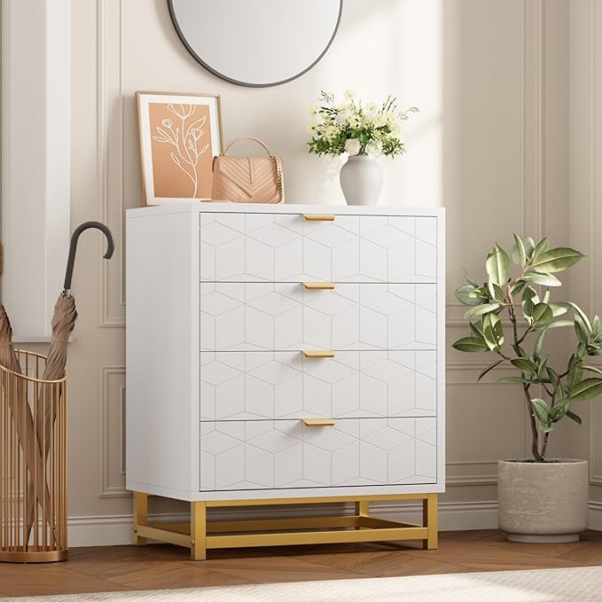 White Dresser, 4 Drawer Dresser for Bedroom, Modern Dressers with Gold Metal Handles for Living Room, Hallway, Entryway