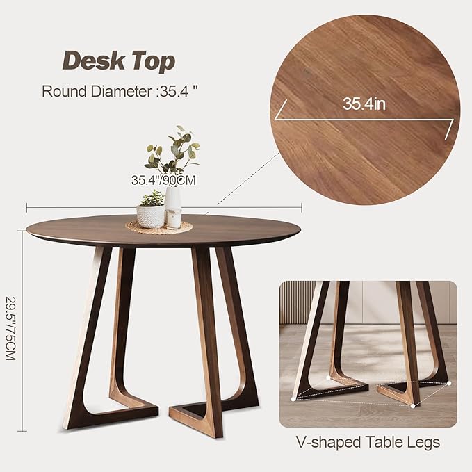 Walnut Round Dining Table for 4, 35.4" Small Wood Round Kitchen Table with Solid Wood Legs, Mid Century Modern Dining Room Tables for Home, Restaurant,Circle Coffee Table for Small Space
