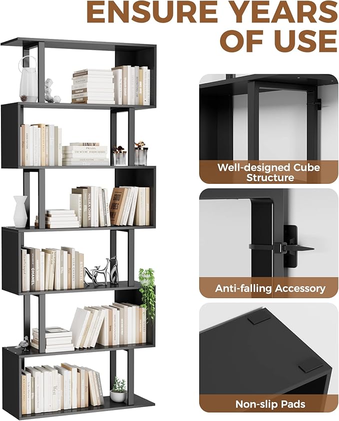Gadroad 6 Tier Geometric Bookcase, Black Book Shelves, Modern Corner Bookcase Storage Shelf Wood for Bedroom, Living Room, Home Office, Black