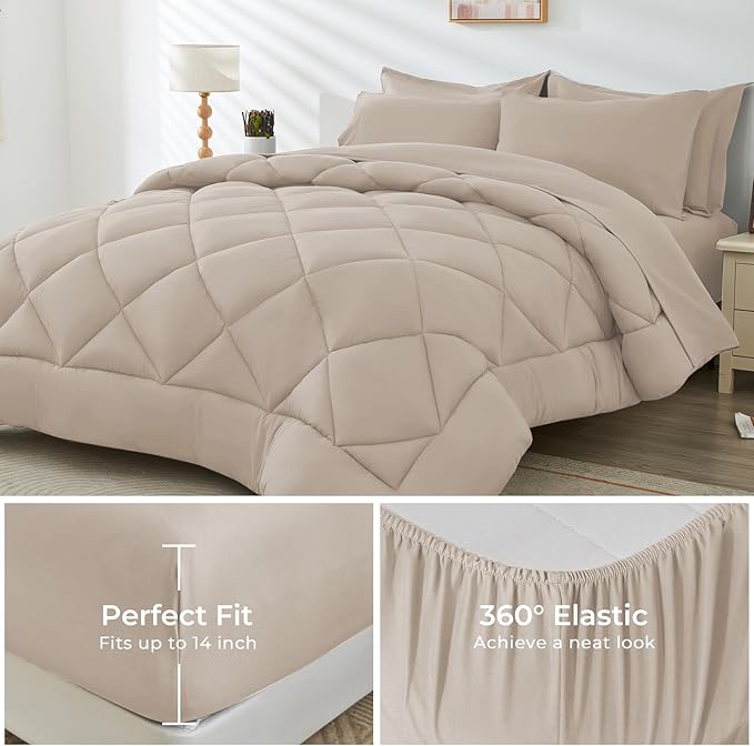 HEVUMYI Khaki Cali-King Comforter Set - 7-Piece All Season Bed in a Bag Cali-King, Ultra Soft Bedding Set with Comforter, Flat Sheet, Fitted Sheet, Pillowcases, Pillow Shams