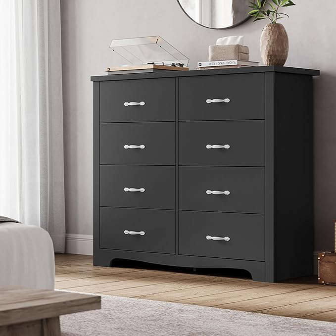 LINSY HOME 8 Drawers Dresser for Bedroom, 47" Wide Rustic Wood Dressers & Chests of Drawers, 40" Tall Modern Storage Dresser with Antique Handles for Closet, Living Room, Hallway, Black