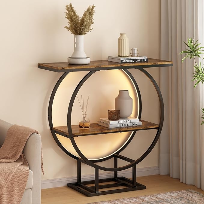 Console Tables, Entryway Table with Motion Sensor Light, 30" Height Behind Couch Sofa Table, Industrial Furniture, Hallway Table for Living Room, Entrance, O-Shaped Metal Frame, Rustic Brown