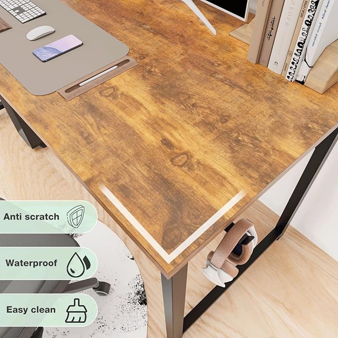 63 Inch Desk Office with Storage, Modern Simple Style Gaming Computer Table for Youth Student Adult, Metal and Wood Home Office Furniture, Rustic Brown
