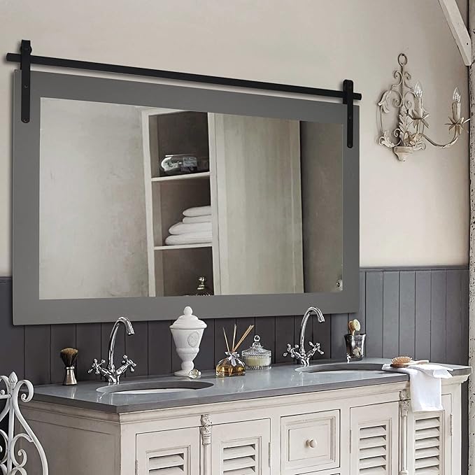PAIHOME Large Gray Wall Mirror, Farmhouse Horizontal Rustic Square Bathroom Mirror for Wood Framed Vanity Mirrors, Barn Door Style Decor Living Room Entryway Bedroom 40x26INCH, Grey