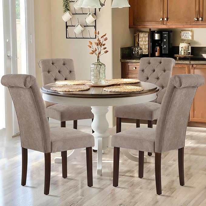 COLAMY Button Tufted Dining Chairs Set of 2, Parsons Upholstered Fabric Dining Room Chairs Kitchen Chairs with Wood Legs and Padded Seat, Taupe