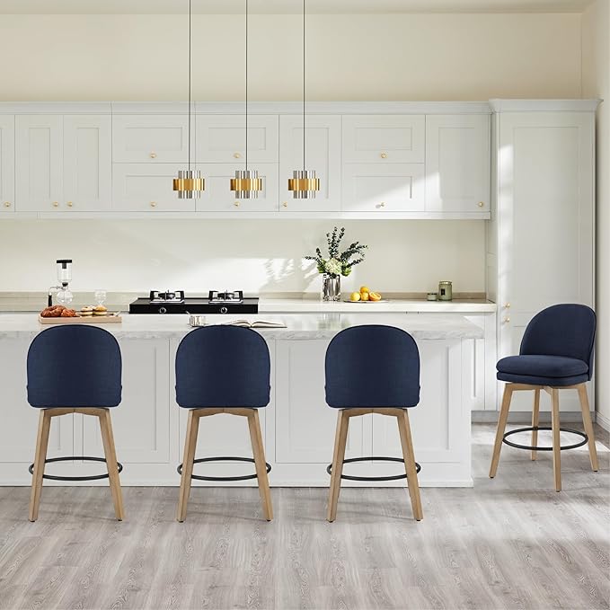 Counter Height Barstools 26 inch Upholstered Swivel Bar Stools with Back and Wood Legs for Kitchen Island,Set of 2,Blue Fabric-Armless