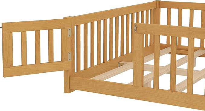 Queen Size Floor Bed Frame with Slats and Safety Guardrail, Wood Queen Size Montessori Floor Bed with Door and Fence, Easy Assemble Montessori Beds for Kids, Girls, Boys, Natural