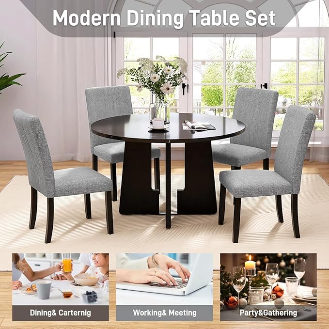 Ball & Cast Dining Table Set for 4,5-Piece Kitchen Table Set W/ 43" Round Faux Marble Bar Table,Living Room Furniture W/ 4 Linen Upholstered Chairs,for Dining Room,Kitchen,Restaurant,Grey+Black