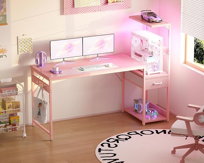 Casaottima 54 Inch Gaming Desk with Storage & LED Lights, Reversible Computer Desk with Display Shelves & Fabric Drawer, Modern Gamer Desk Table with Side Headphone Hook, Carbon Fiber Pink