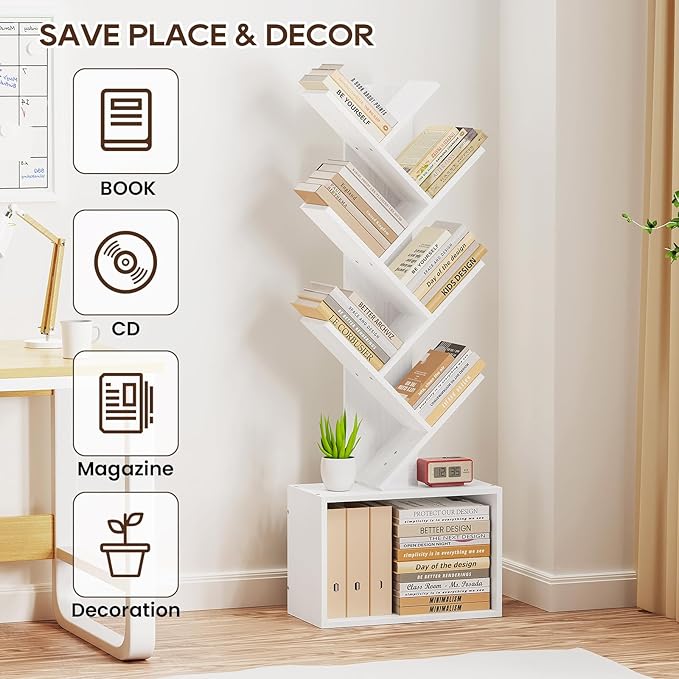 6 Tier Tree Bookshelf, Sturdy Retro Floor Standing Wood Bookcase, Storage Rack for Home Office, Living Room, Bedroom, Reading Spot, Heavy Book Organizer Shelves for CDs/DVDs/Movies, White
