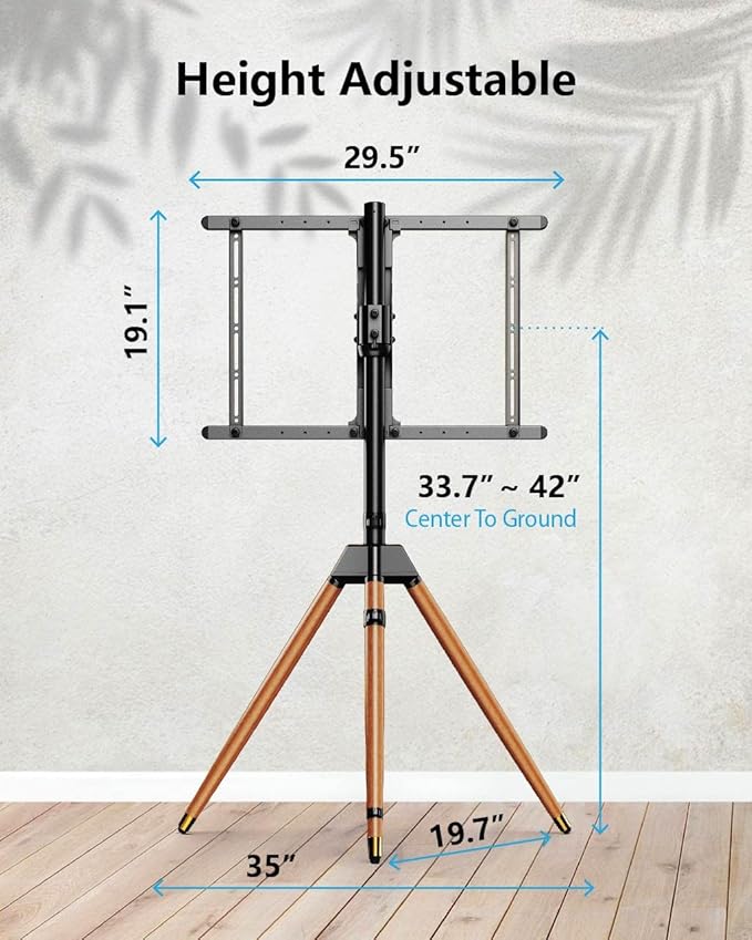 Tripod TV Stand for 32-75 Inch Screen up to 77lbs, Height Adjustable Easel TV Floor Stand with Wood Legs and Cable Ties