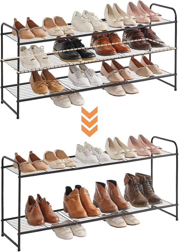 YMYNY Freestanding Shoe Racks, 3 Tiers Stackable & Adjustable Shoe Storage Shelf, Extra Large Capacity Shoe Organizer Stand for 20-24 Pairs, for Entryway, Closet, Bedroom, Black, 42.9" L, UHXJ302B