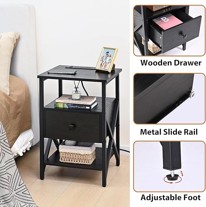 End Table with Wireless Charging Station, Black Side Tables Living Room with Outlet, End Table with Wood Drawer, Night Stand with Storage for Bedroom, Bedside Tables