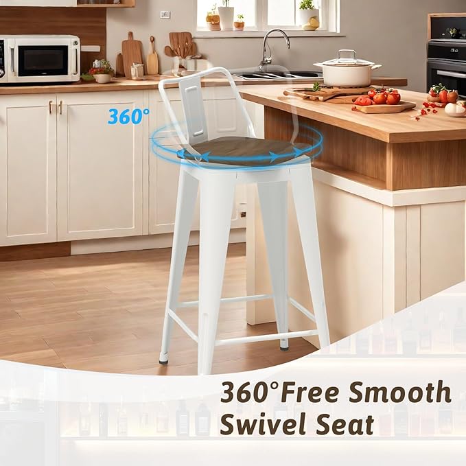 24 Inch Swivel Bar Stools Set of 4, Counter Height Bar Stools with Low Back, Metal Industrial Bar Chairs for Kitchen Island (White)