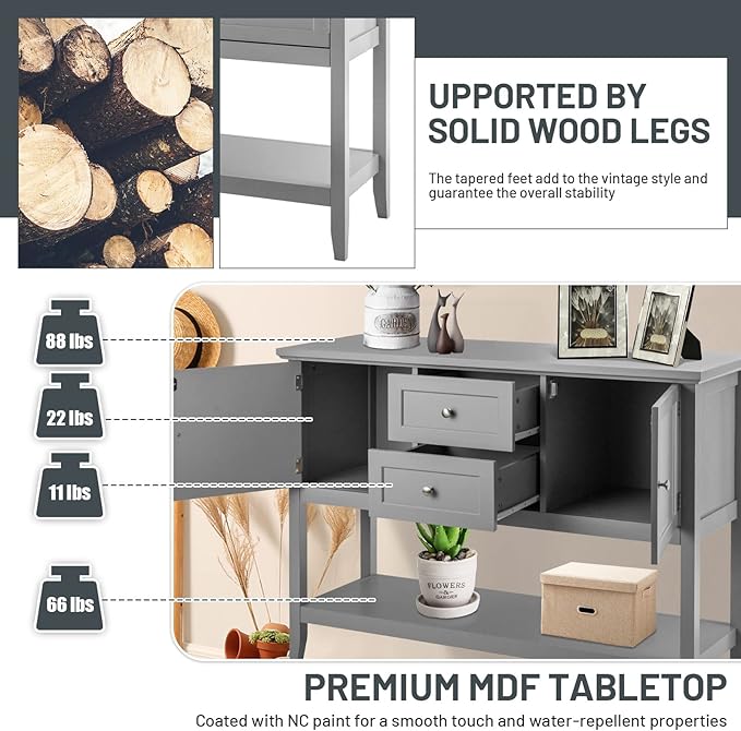 COSTWAY Buffet Sideboard, with 2 Wood Storage Drawers & Open Shelf, Console Table for Living Room Kitchen Dining Room Furniture (Grey)