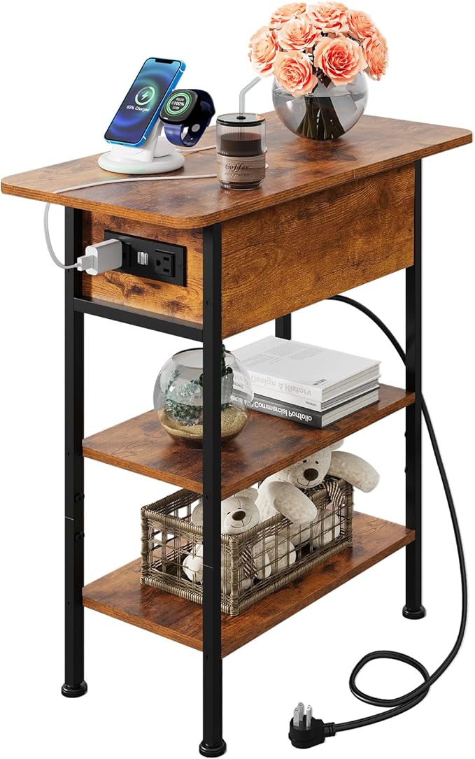 WLIVE End Table with Charging Station, Flip Top Side Table with Storage Shelf, Narrow Bedside Table for Living Room, Sofa Couch Table with USB Ports and Outlets, Bedroom Nightstand, Rustic Brown