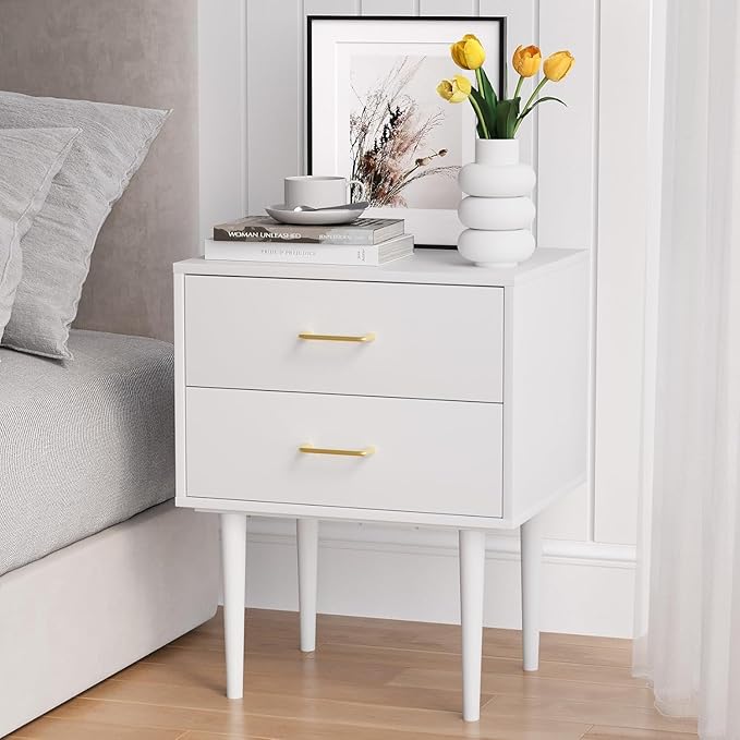 Smart FENDE 26 inch Tall White Nightstand with 2 Drawers, Modern Night Stand Set of 2, Mid-Century Modern End Table, Wooden Bedside Table with Solid Wood Leg for Bedroom