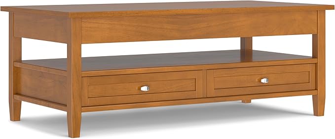 SIMPLIHOME Warm Shaker Lift Top Coffee Table - 48 inch Wide Solid Wood Cocktail Table in Light Golden Brown, Transitional Living Room Table with Hidden Storage, 2 Drawers, and Open Shelf