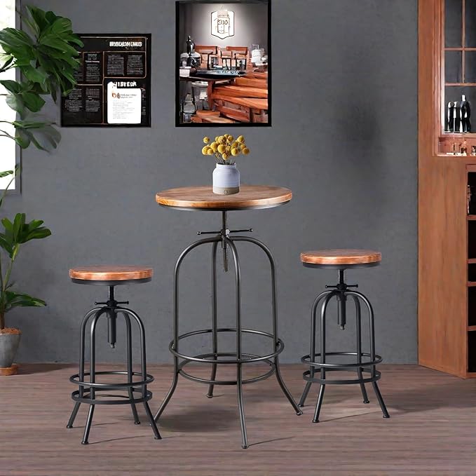 Industrial Bar Table Height Adjustable 37.4-45.3inch Vintage Swivel Pub Tables Solid Wood Top Metal Base with Footrest