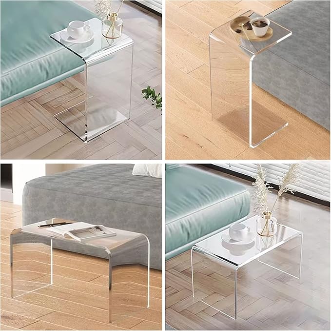 Acrylic End Table, 26 Inch Tall Side Table Acrylic C Shape Modern Clear Side Couch Table Slides Under Couch