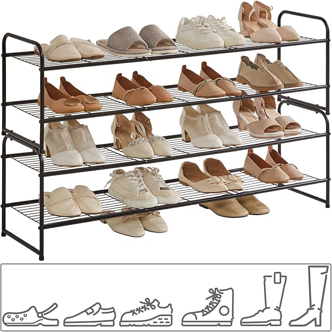 YMYNY Freestanding Shoe Racks, 2 Tiers Stackable & Adjustable Shoe Storage Shelf, Extra Large Capacity Shoe Organizer Stand for 12-18 Pairs, for Entryway, Closet, Bedroom, Black, 42.9" L, UHXJ303B