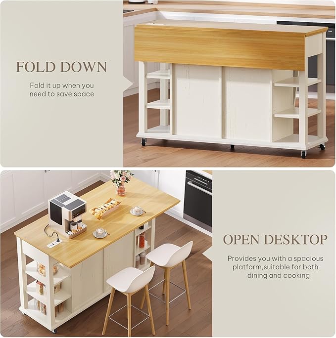 DWVO Kitchen Island with Drop Leaf, Tilt Out Trash Can Cabinet, Mobile Storage Islands with Power Outlet, Americana Rolling Island Table on Wheels with Open Shelves for Dining Room, Off White