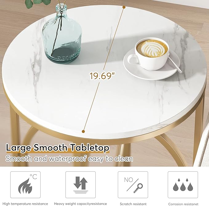 Tribesigns Round End Table for Living Room Set of 2, Modern Marble Side Table with Gold Metal Frame, White and Gold Accent Table, 26-Inch Tall Narrow Nightstand for Bedroom