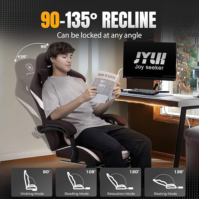 GTRACING Gaming Chair with Foot Rest & Pocket Spring Cushion, Breathable Fabric for Home Office Desk, Ergonomic High Back Computer Chair with Headrest & Lumbar Support, Brown