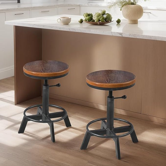 Set of 2-Industrial Bar Stool-Rustic Counter Height Chairs for Kitchen Island-Farmhouse Swivel Wooden Seat- Adjustable 17.7-24inch