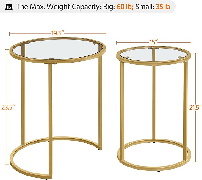 Yaheetech Round Nesting Side Table Stacking Coffee Table, Set of 2 Circular End Tables w/Metal Frame & Tempered Glass Top & Protective Foot Pads for Small Space Living Room Office, Mustard Gold