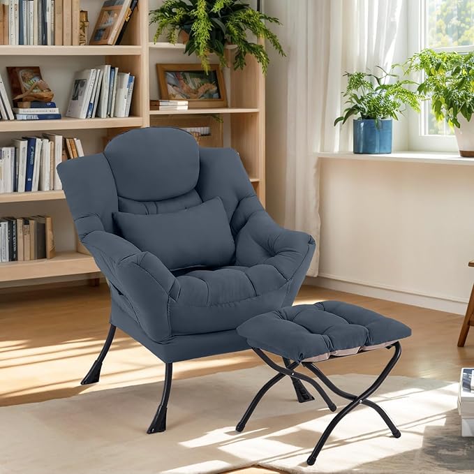 Lazy Chair with Ottoman, Modern Lounge Chair with Lumbar Pillow, Accent Cozy Reading Armchair and Folding Footstool for Bedroom, Dorm, Living Room,Navy