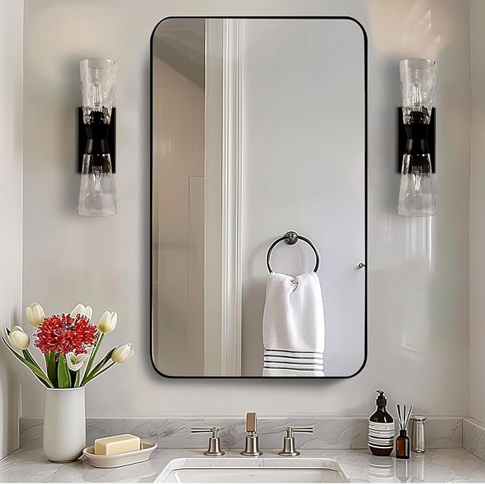 ANDY STAR Black Bathroom Mirror, 24”x40” Rounded Corner Rectangle Mirror, Modern Metal Frame Bathroom Vanity Mirror(Matte Black Finish)