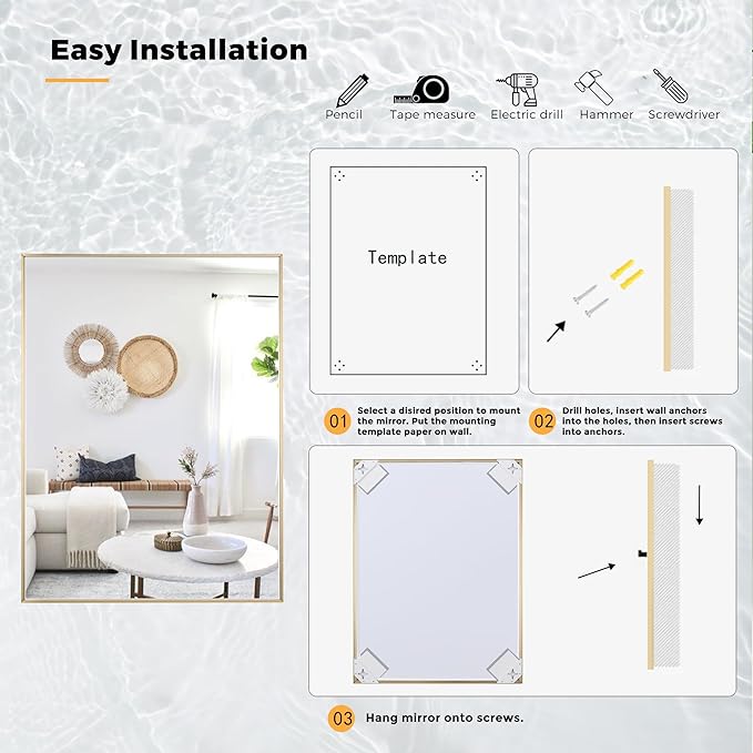 24x32 Inch Brass Bathroom Mirror for Wall, Aluminum Frame Rectangle Rectangular Vanity Mirror, Modern Large for Bedroom, Living Room, Horizontal or Vertical